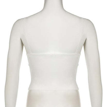 Bowknot ribbon lace hem backless solid cami top