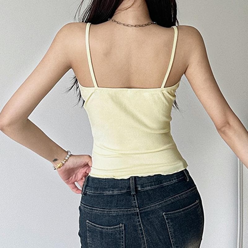 U neck ribbed embroidery ruffle cami top