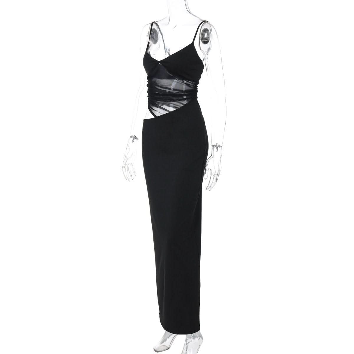 V neck mesh hollow out cami cut out maxi dress