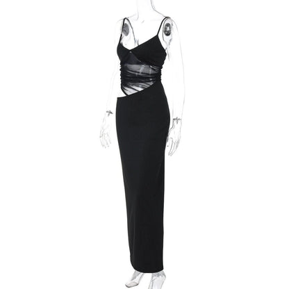 V neck mesh hollow out cami cut out maxi dress