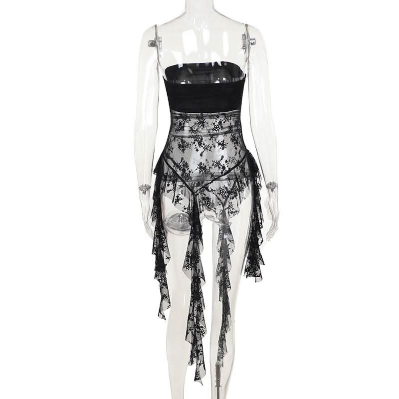 Lace cross applique irregular tube mini dress