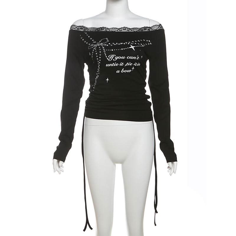 Long sleeve off shoulder lace hem print self tie top