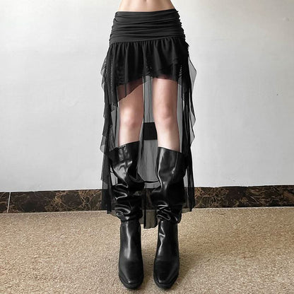 Ruched ruffle mesh mini skirt