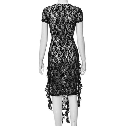 Short sleeve lace ruffle high slit mini dress