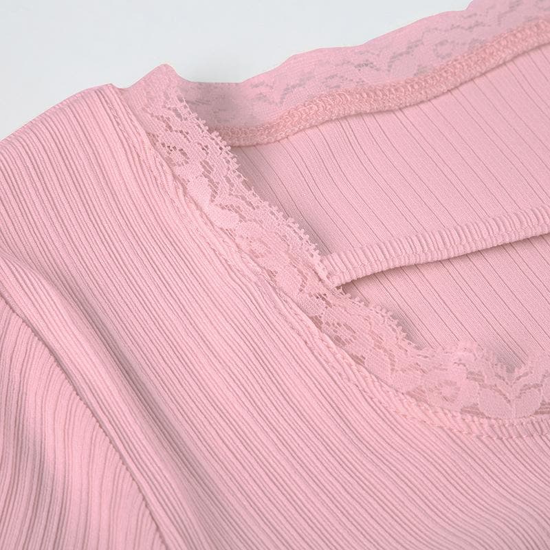 U neck long sleeve lace hem self tie crop top
