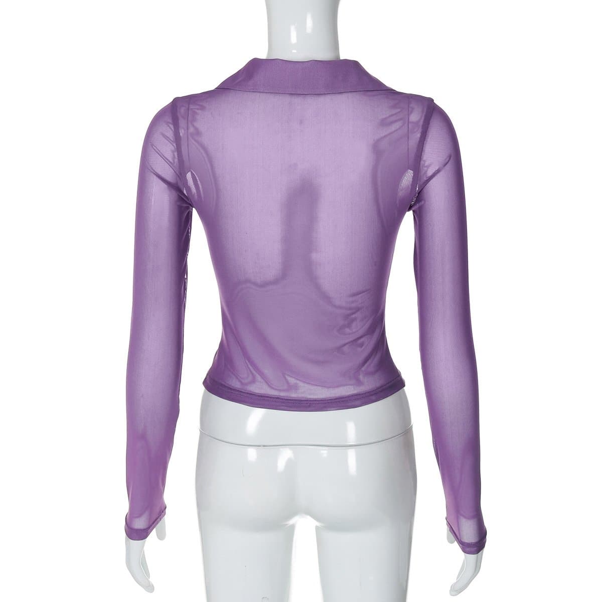Turnover collar long sleeve ruched button mesh top