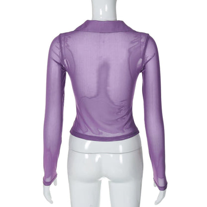 Turnover collar long sleeve ruched button mesh top