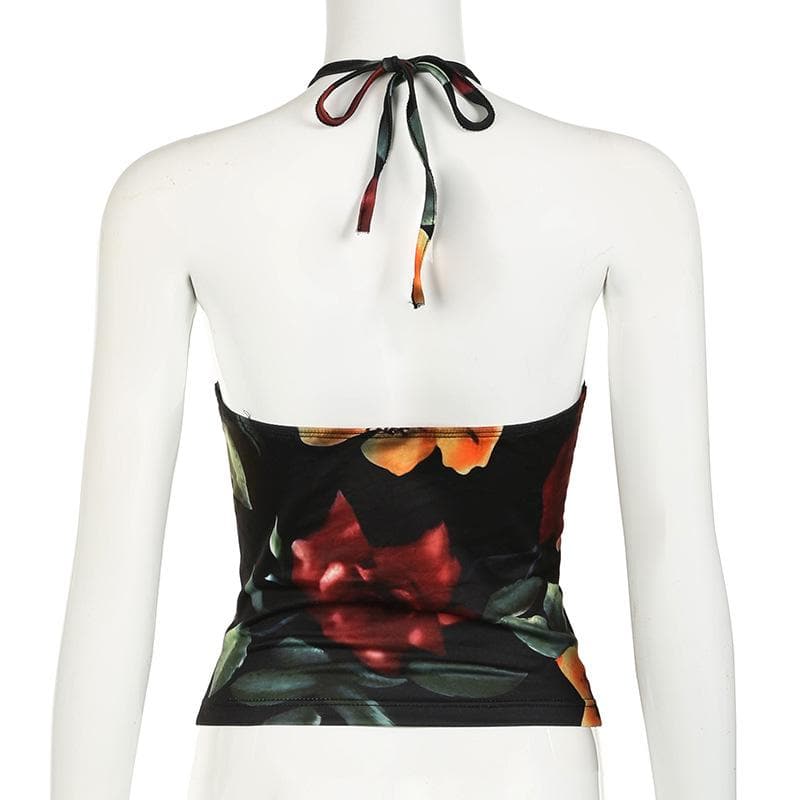 Halter drawstring ruched hollow out flower print cut out top