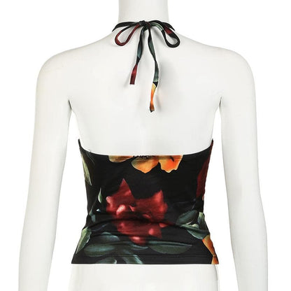 Halter drawstring ruched hollow out flower print cut out top