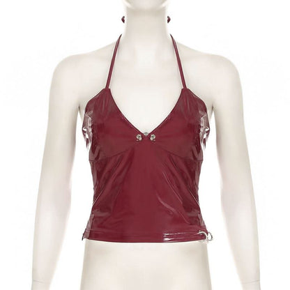 Halter v neck zip-up PU leather top