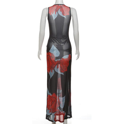Sleeveless flower print mesh see through maxi dress
