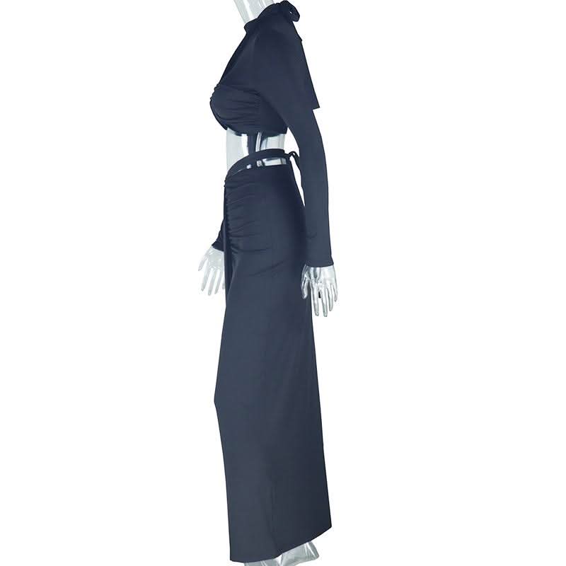 Ruched long sleeve crewneck self tie maxi skirt set
