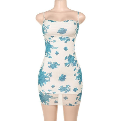 Flower print mesh lace up cami mini dress