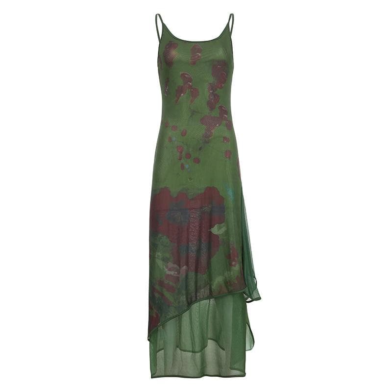 Scoop Neck Spaghetti Strap Mesh Overlay Abstract Floral Print Midi Dress