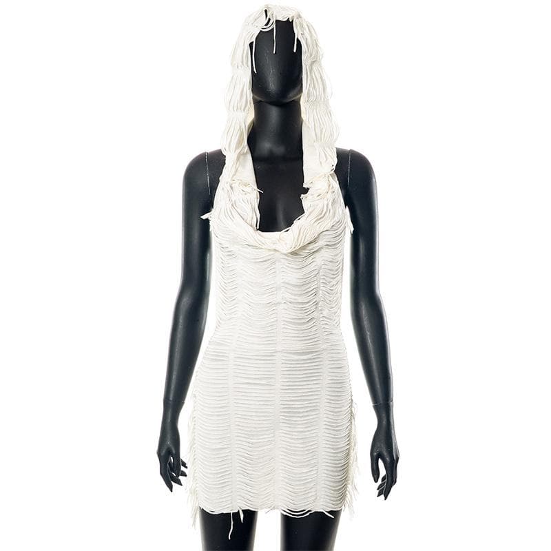 Layered Fringe Strip Cut Out Deep V Neck Sleeveless Backless Mini Dress