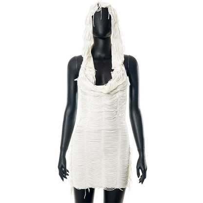 Layered Fringe Strip Cut Out Deep V Neck Sleeveless Backless Mini Dress