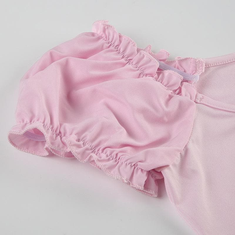 Short puff sleeve hollow out bowknot cut out top