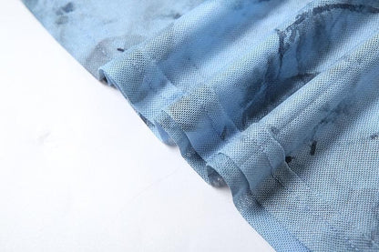 Long sleeve sheer mesh v neck print maxi dress