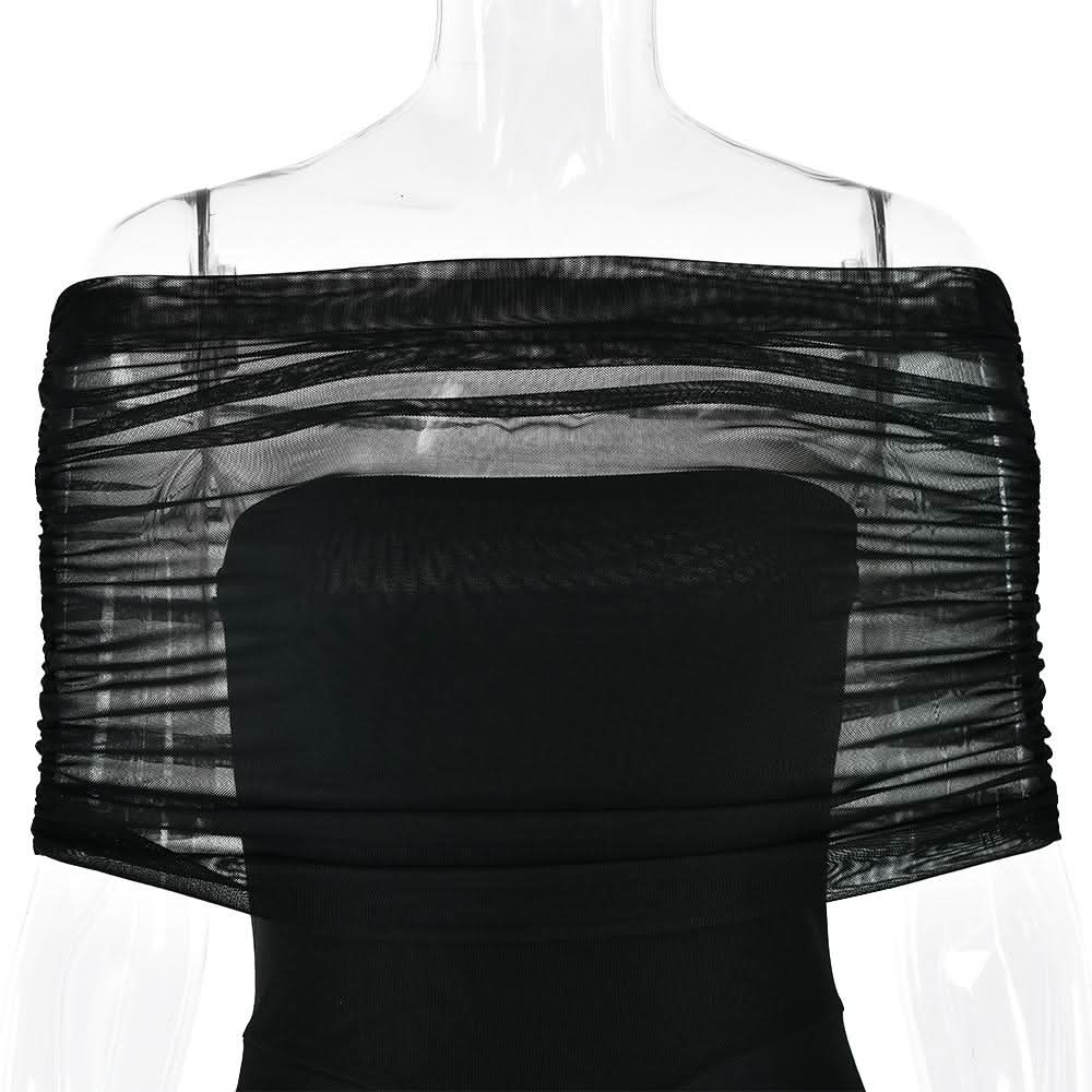 Off shoulder ruched mesh patchwork solid maxi dress