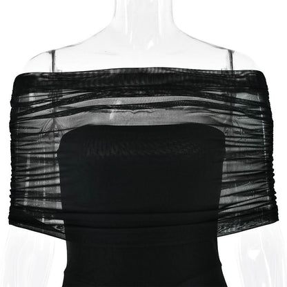 Off shoulder ruched mesh patchwork solid maxi dress