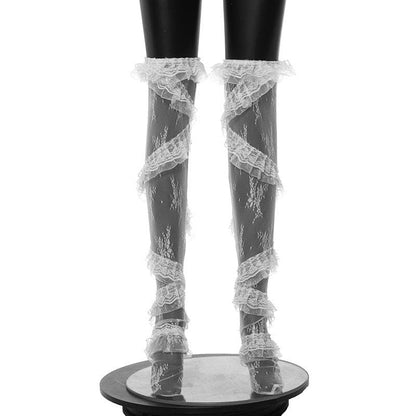 Lace ruffle solid stitch thigh high socks