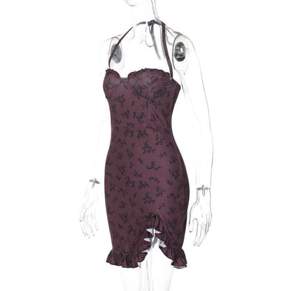 Halter print ruffle knotted backless mini dress