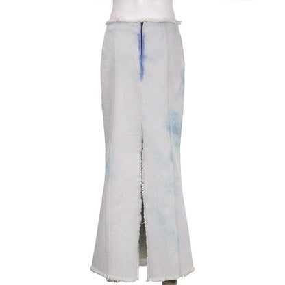 Tie dye raw hem zip-up slit midi skirt