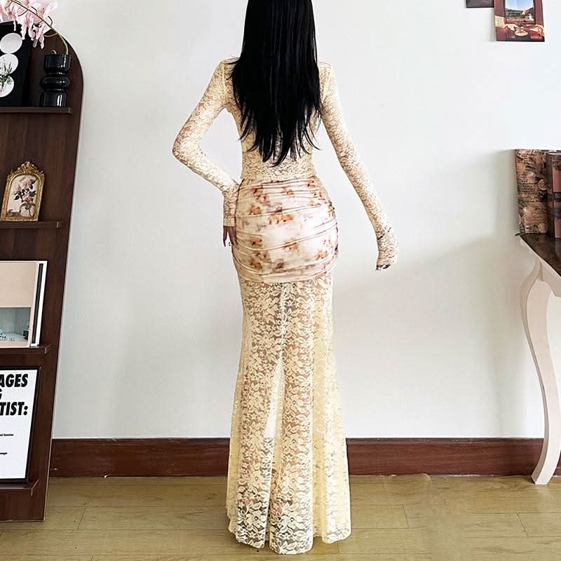 Long sleeve lace ruched print o ring hollow out cut out top