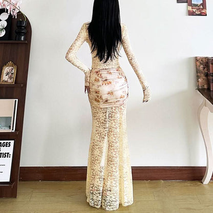 Long sleeve lace ruched print o ring hollow out cut out top