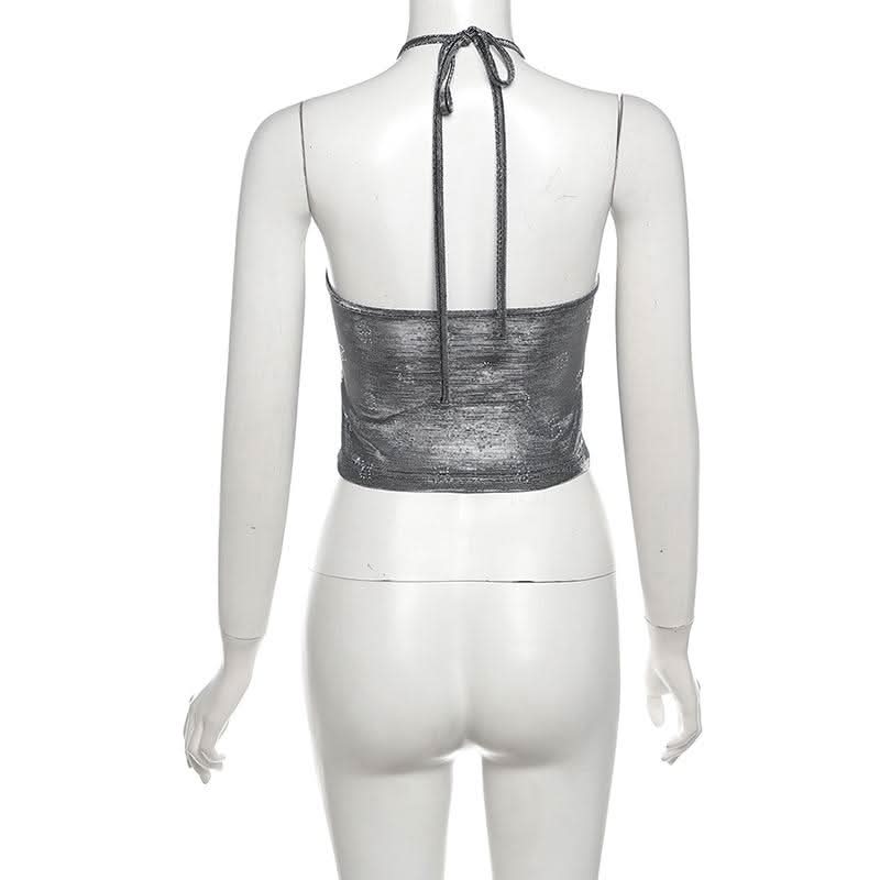 Self tie halter flower applique backless top