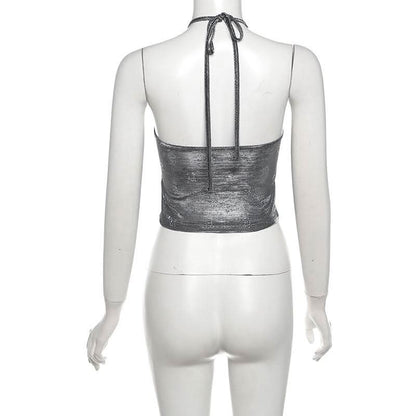 Self tie halter flower applique backless top