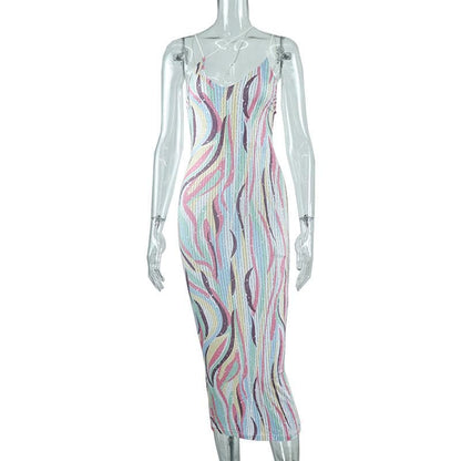 Spaghetti Strap Crossover Strap Abstract Pinstripe Print Bodycon Midi Dress