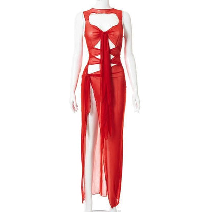 Sheer mesh see through knotted hollow out slit cut out maxi dress-final-sale