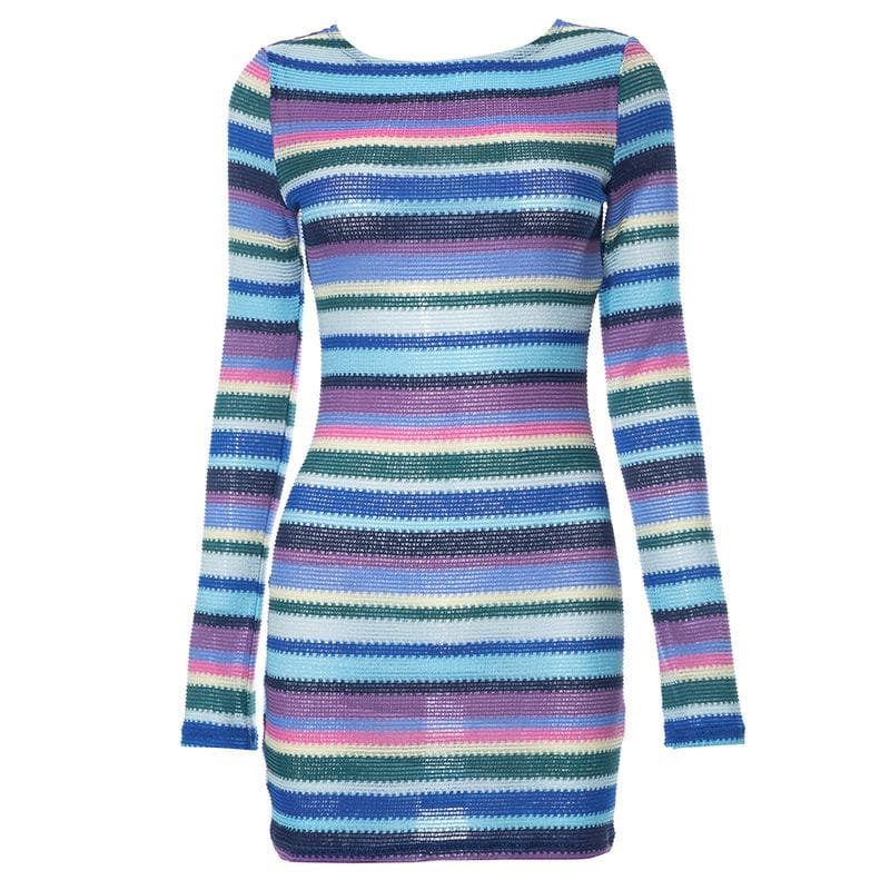 Boat Neck Long Sleeve Horizontal Stripe Knit Bodycon Mini Dress