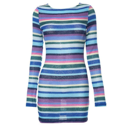 Boat Neck Long Sleeve Horizontal Stripe Knit Bodycon Mini Dress