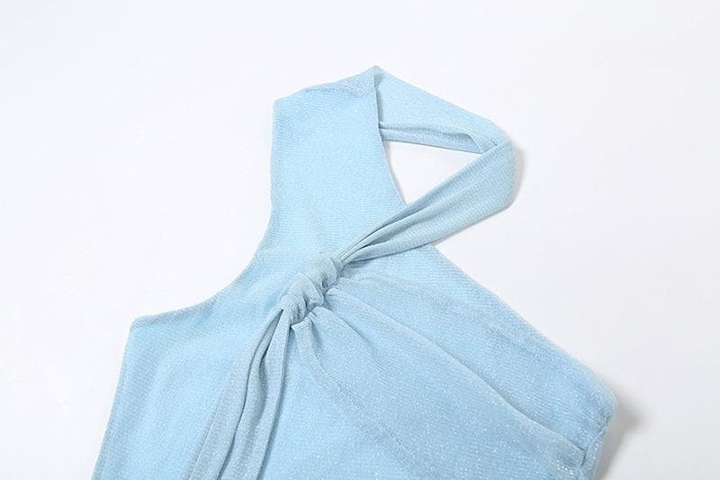 Halter mesh backless glitter ruched top