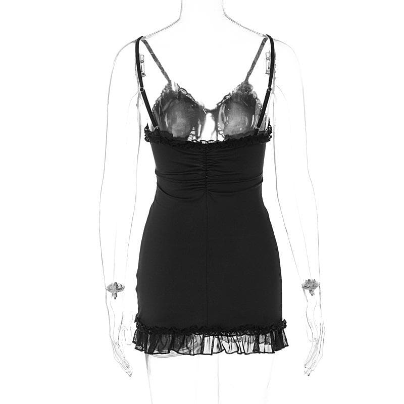 Ruffle hollow out ruched backless cami cut out mini dress