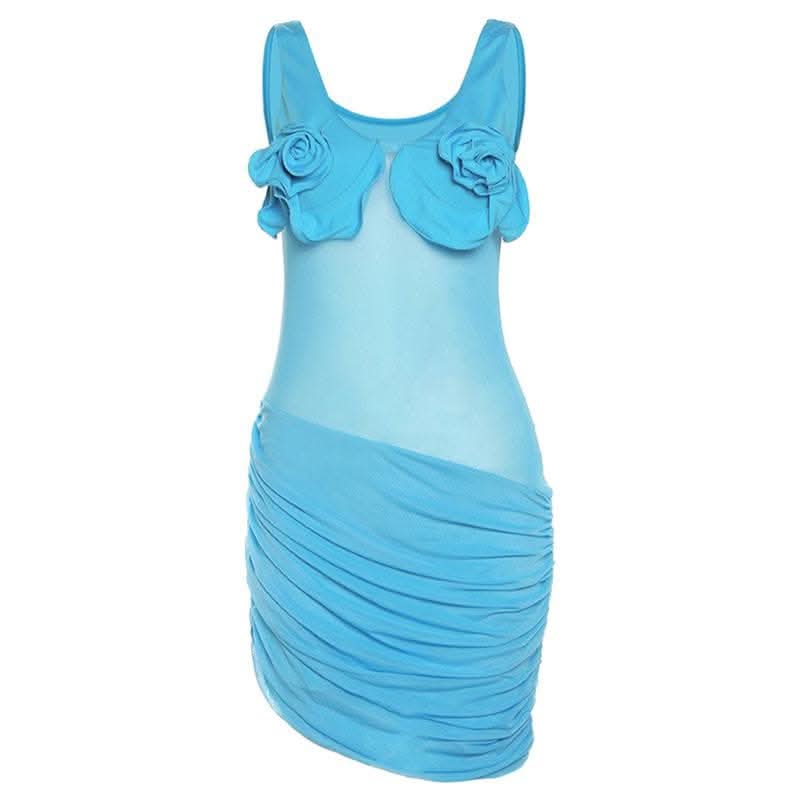 Flower applique v neck mesh patchwork ruched sleeveless mini dress-final-sale