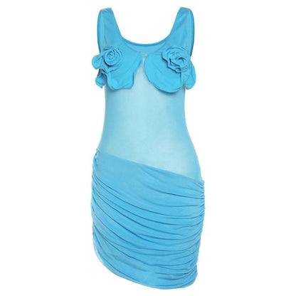 Flower applique v neck mesh patchwork ruched sleeveless mini dress-final-sale