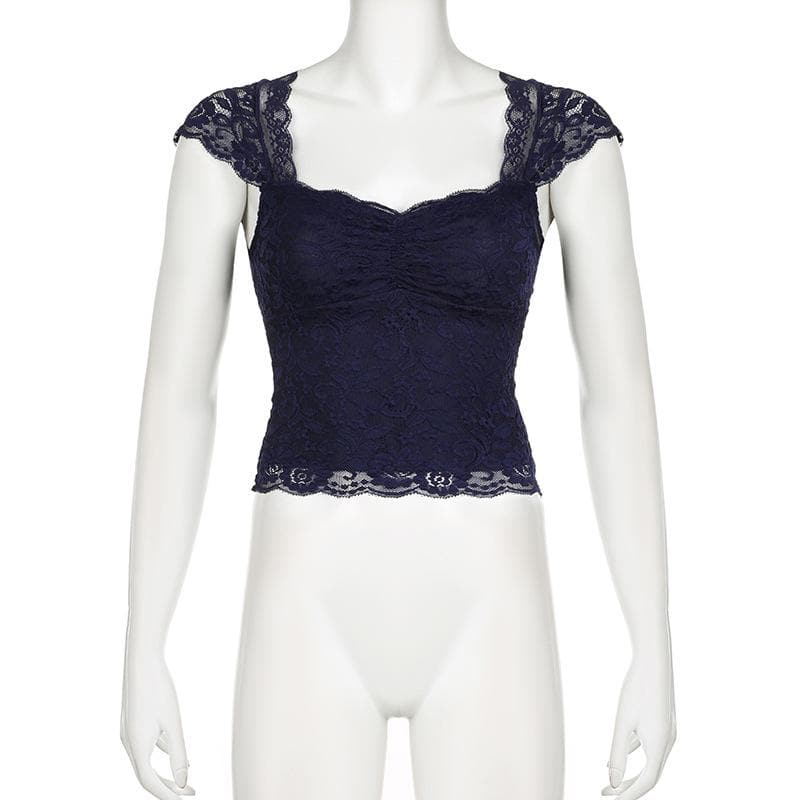 Cap sleeve ruched patchwork lace top