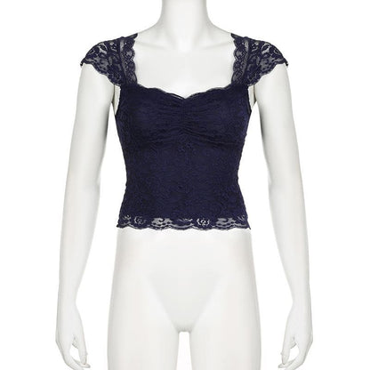 Cap sleeve ruched patchwork lace top