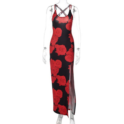 Rose print u neck slit cross back cami maxi dress