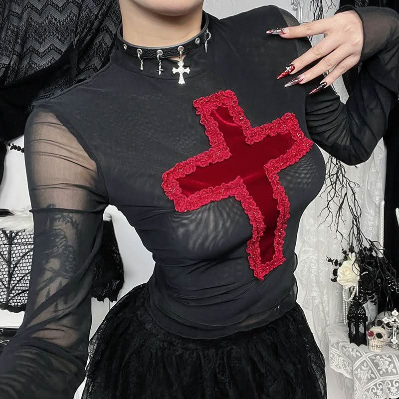 Crewneck long sleeve mesh cross pattern top
