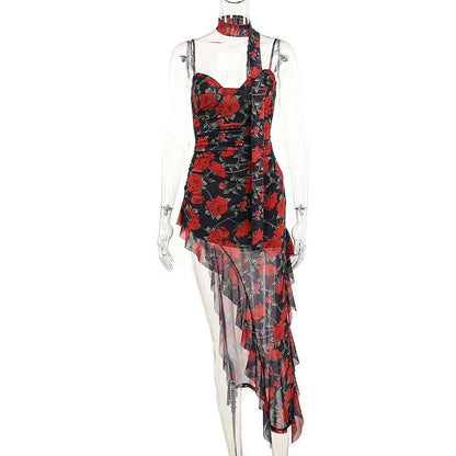 Sweetheart neck ruffle print irregular cami midi dress