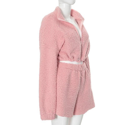 Long sleeve fluffy zip-up pant set