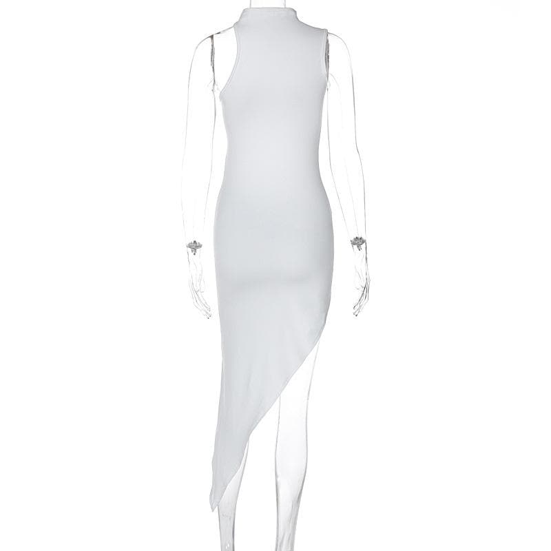 One shoulder high neck o ring irregular midi dress