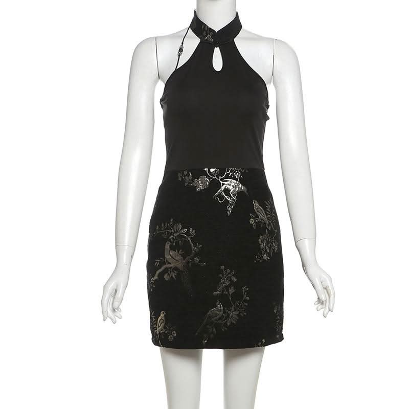 Halter print backless beaded button mini dress
