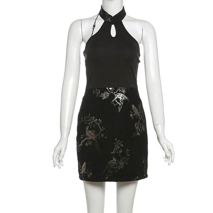 Halter print backless beaded button mini dress