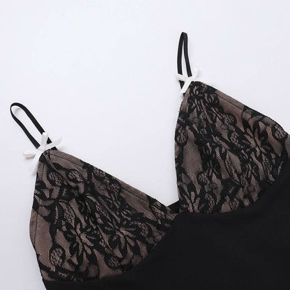 Bowknot deep V neck backless lace cami top