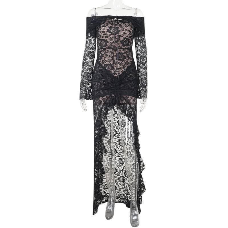 Off shoulder long sleeve lace ruched maxi dress